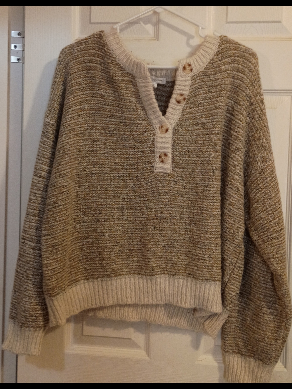 Blu Pepper Marled Henley Sweater in Cream and Brown